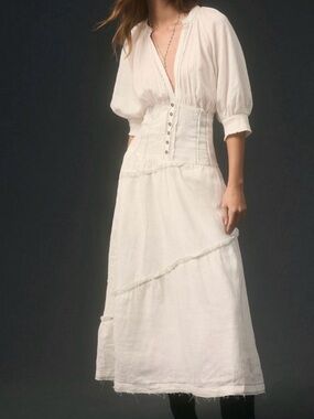 Anthropologie Cream Midi Dress with Corset Waist
